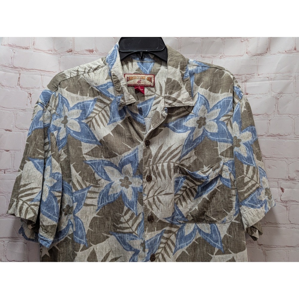 Caribbean Joe men Medium M Rayon beige brown blue tropical Hawaiian button shirt